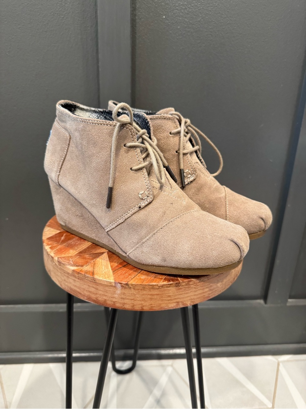 TOMS Taupe Suede Wedge Ankle Booties - Women